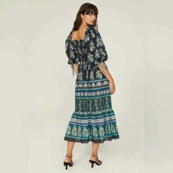 Cara Cara Jazzy Dress XS Paisley Emerald Blue Floral Puff Sleeve Midi - Picture 3 of 9